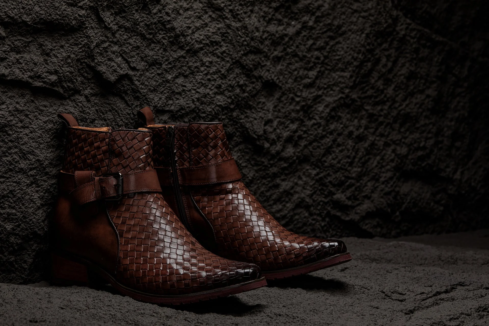 K30525 - 3.3 Inches Taller (Coffee Brown) - Woven High-Top Buckle Zipper Ankle Men's Boots - Image 7