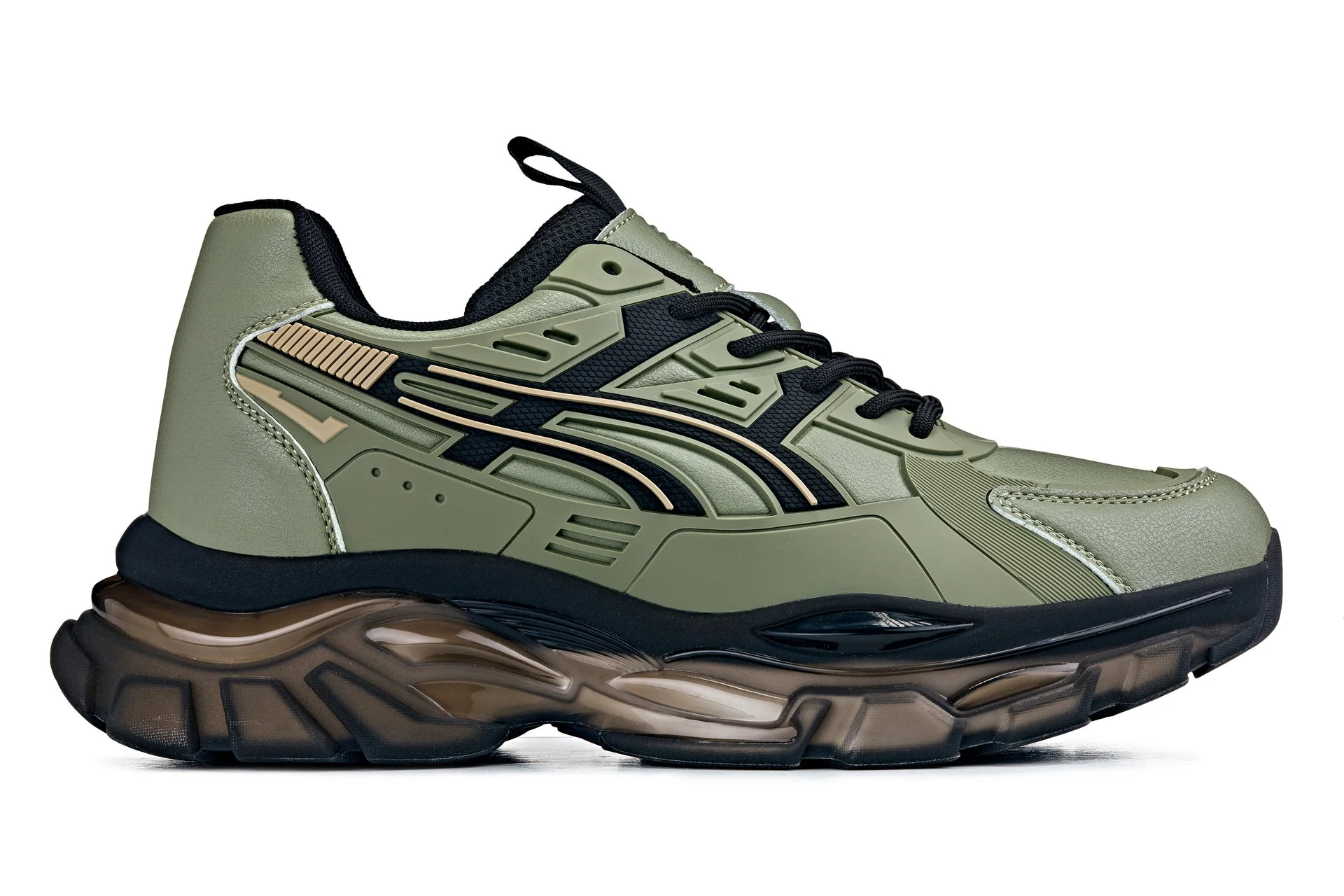S5284 - 2.6 Inches Taller (Khaki Green/Translucent Onyx Sole) - Chunky Sole Sporty Men's Sneakers - Image 2