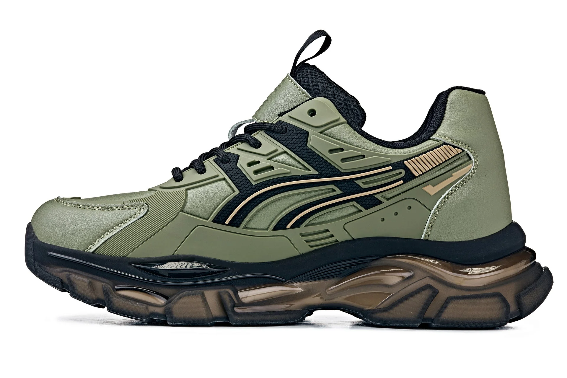 S5284 - 2.6 Inches Taller (Khaki Green/Translucent Onyx Sole) - Chunky Sole Sporty Men's Sneakers - Image 3