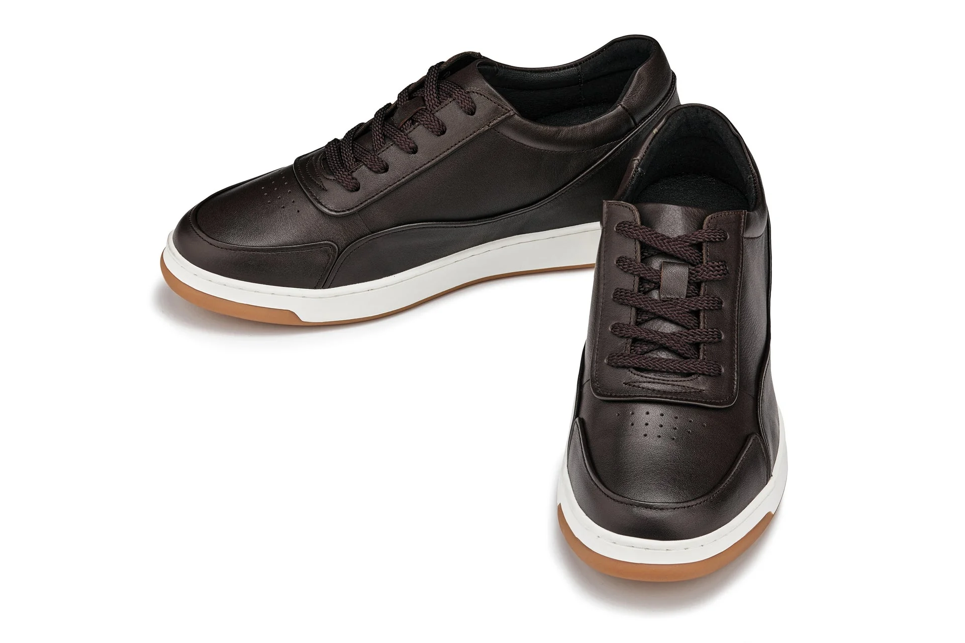 Y7887 - 2.6 Inches Taller (Deep Espresso/White & Gum Sole) - Elevated Leather Men's Sneakers - Image 4