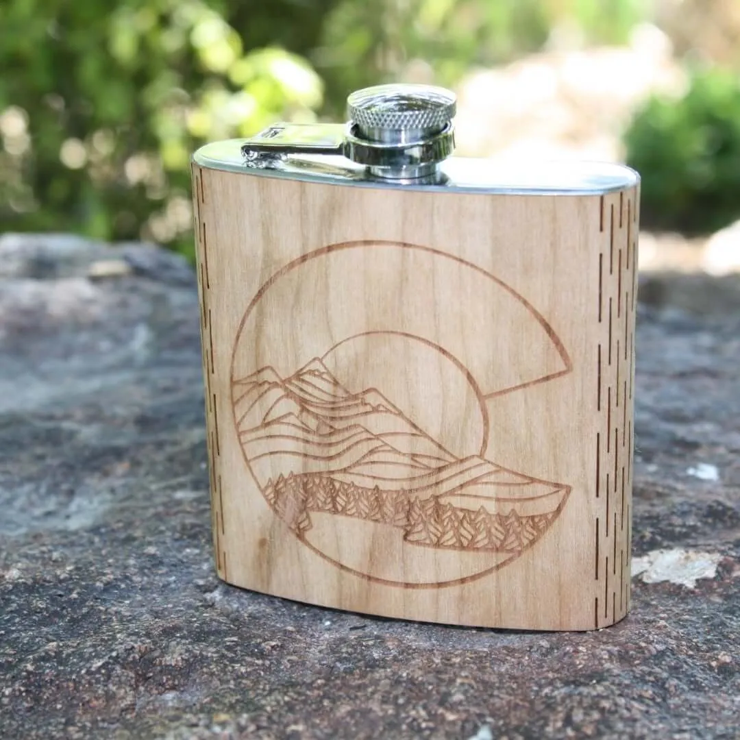 Colorado Landscape 6 oz. Wooden Hip Flask (Outdoor Adventure Series - Art by Ben McKenzie) - Image 2