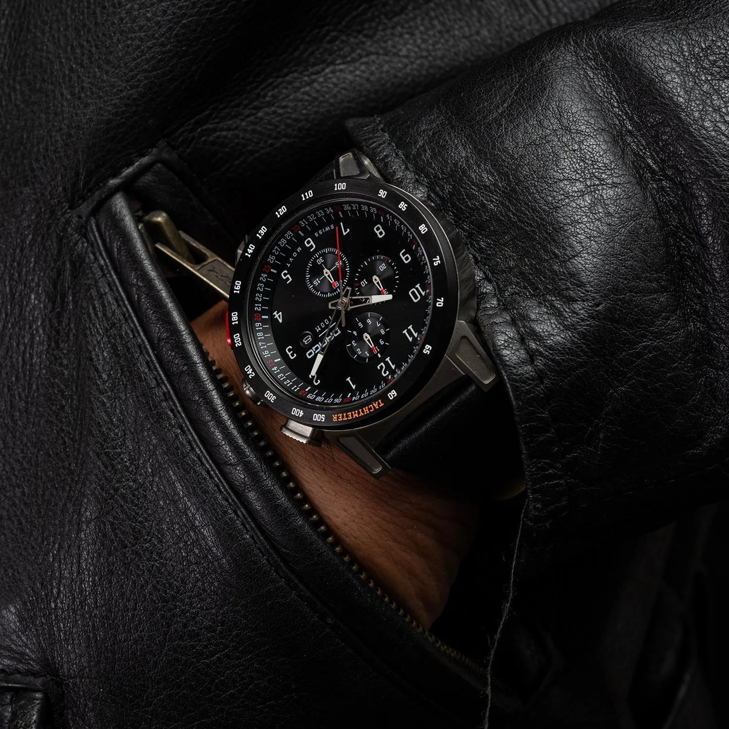 CR-01 - Chrono Men's Watch with Italian Leather Strap - Jet Black - Image 11
