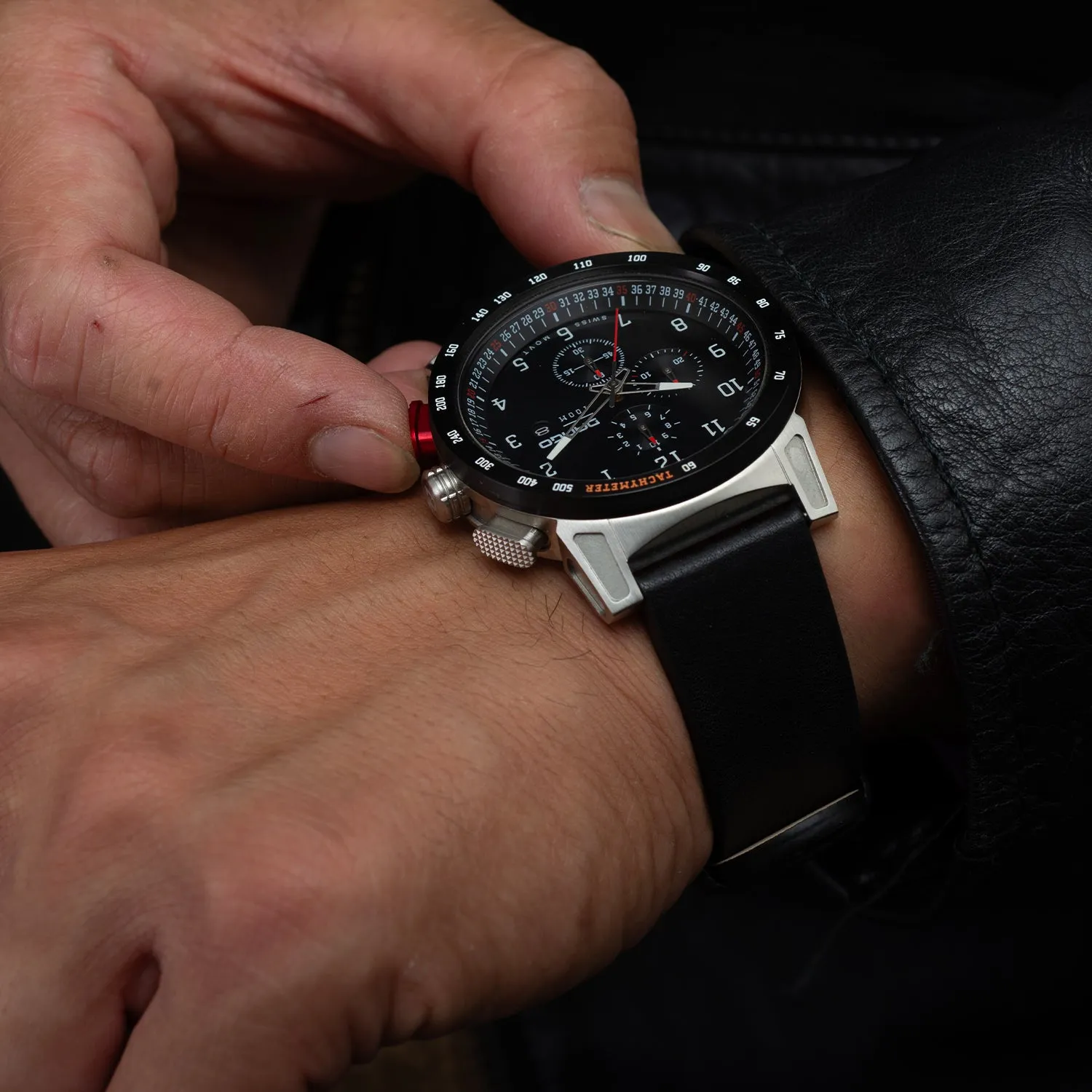 CR-01 - Chrono Men's Watch with Italian Leather Strap - Jet Black - Image 12