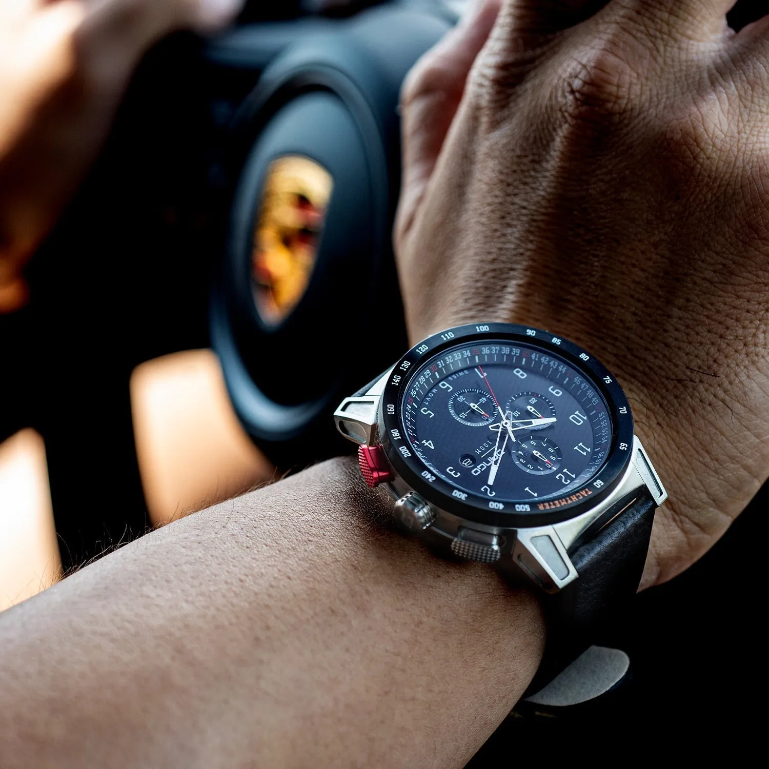 CR-01 - Chrono Men's Watch with Italian Leather Strap - Jet Black - Image 13