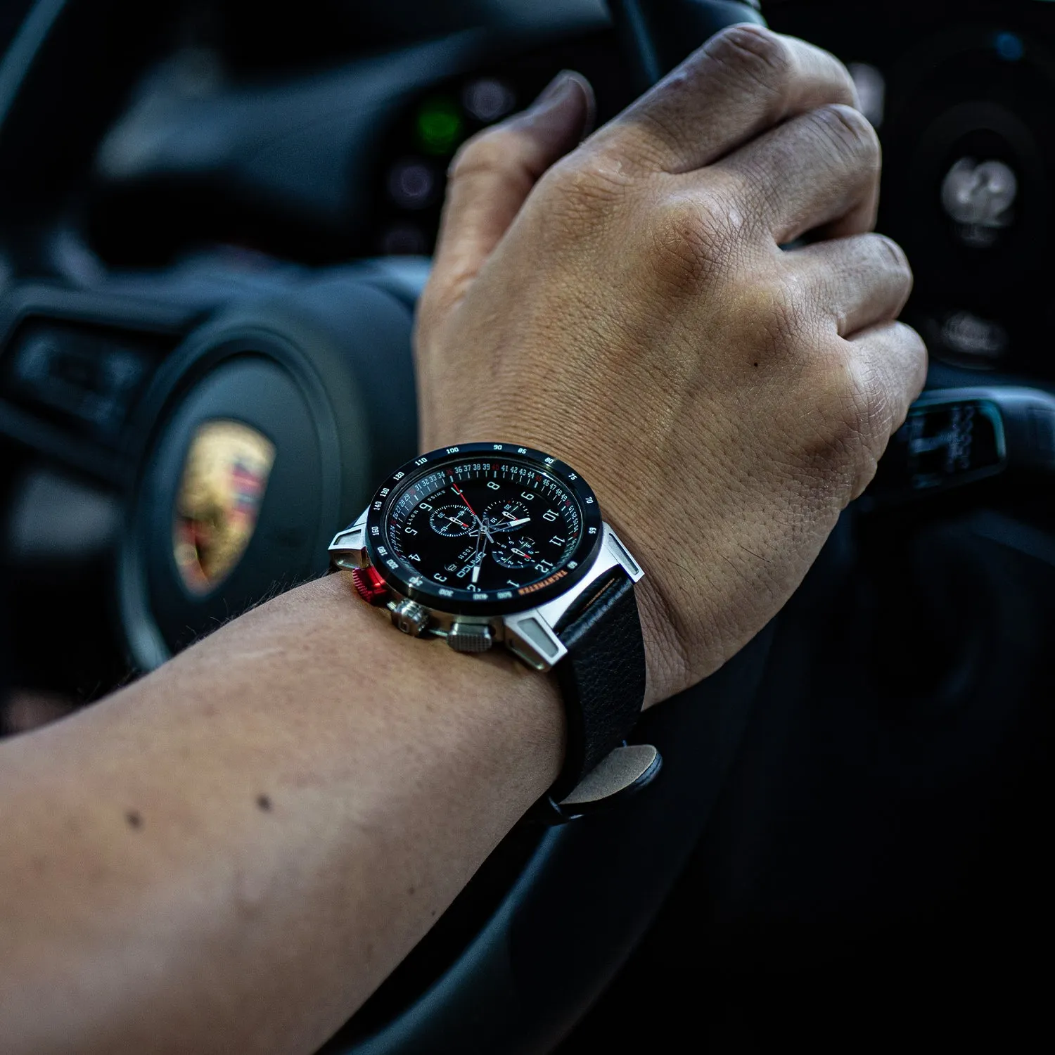 CR-01 - Chrono Men's Watch with Italian Leather Strap - Jet Black - Image 15