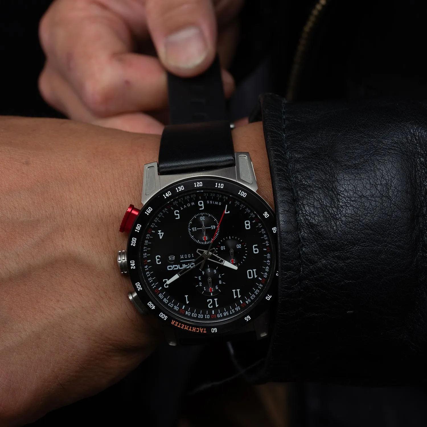 CR-01 - Chrono Men's Watch with Italian Leather Strap - Jet Black - Image 9