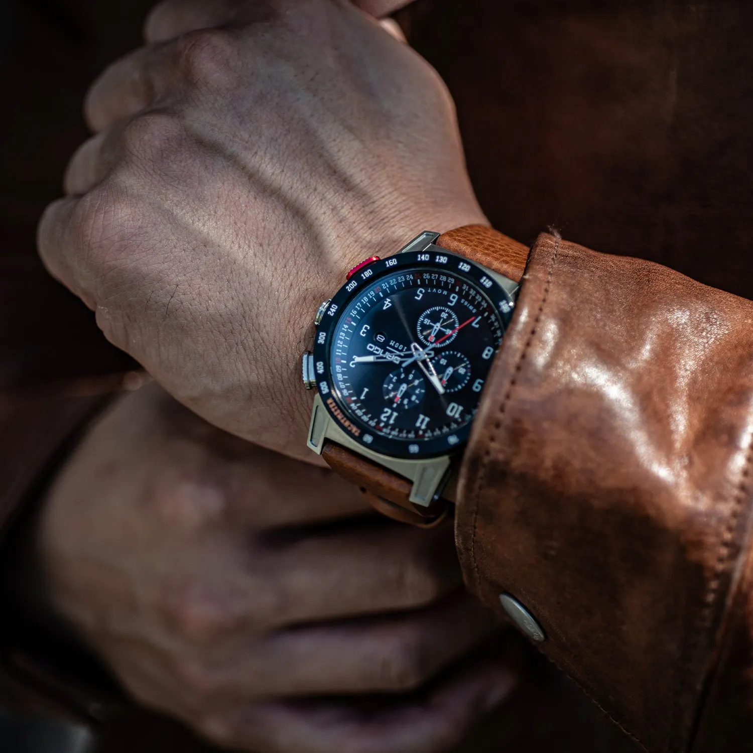 CR-01 - Chrono Men's Watch with Italian Leather Strap - Whiskey Brown - Image 11