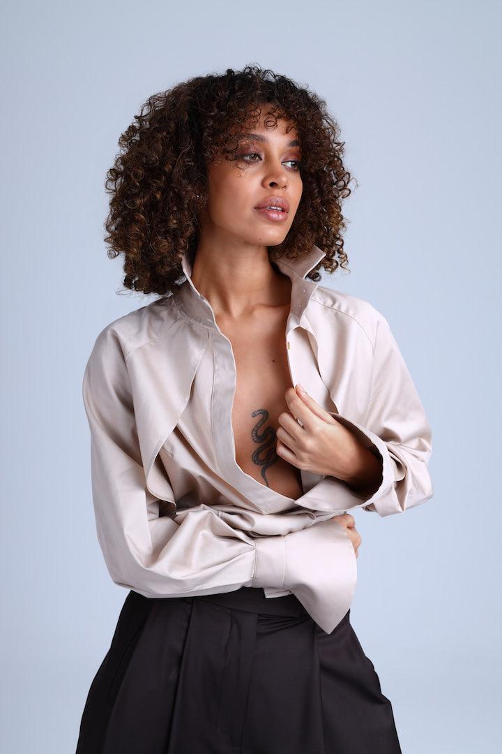 Diva Business Style Beige Organic Cotton Shirt - Image 6