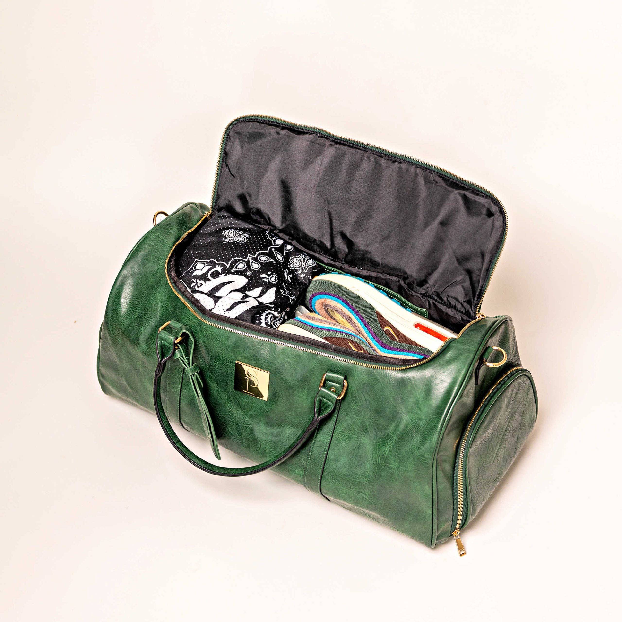 Emerald Green Leather Weekender Duffel Bag - Image 3
