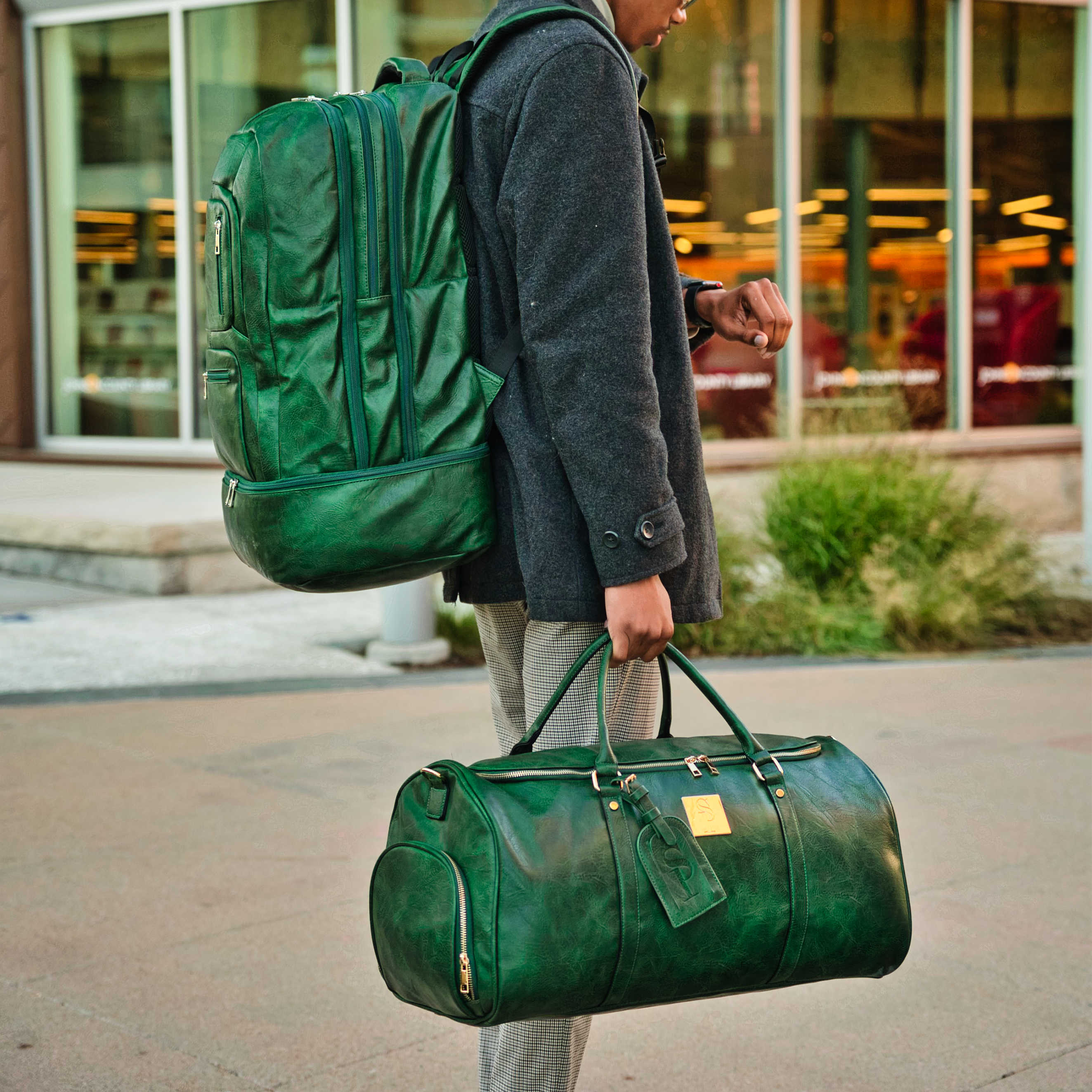 Emerald Green Leather Weekender Duffel Bag - Image 5