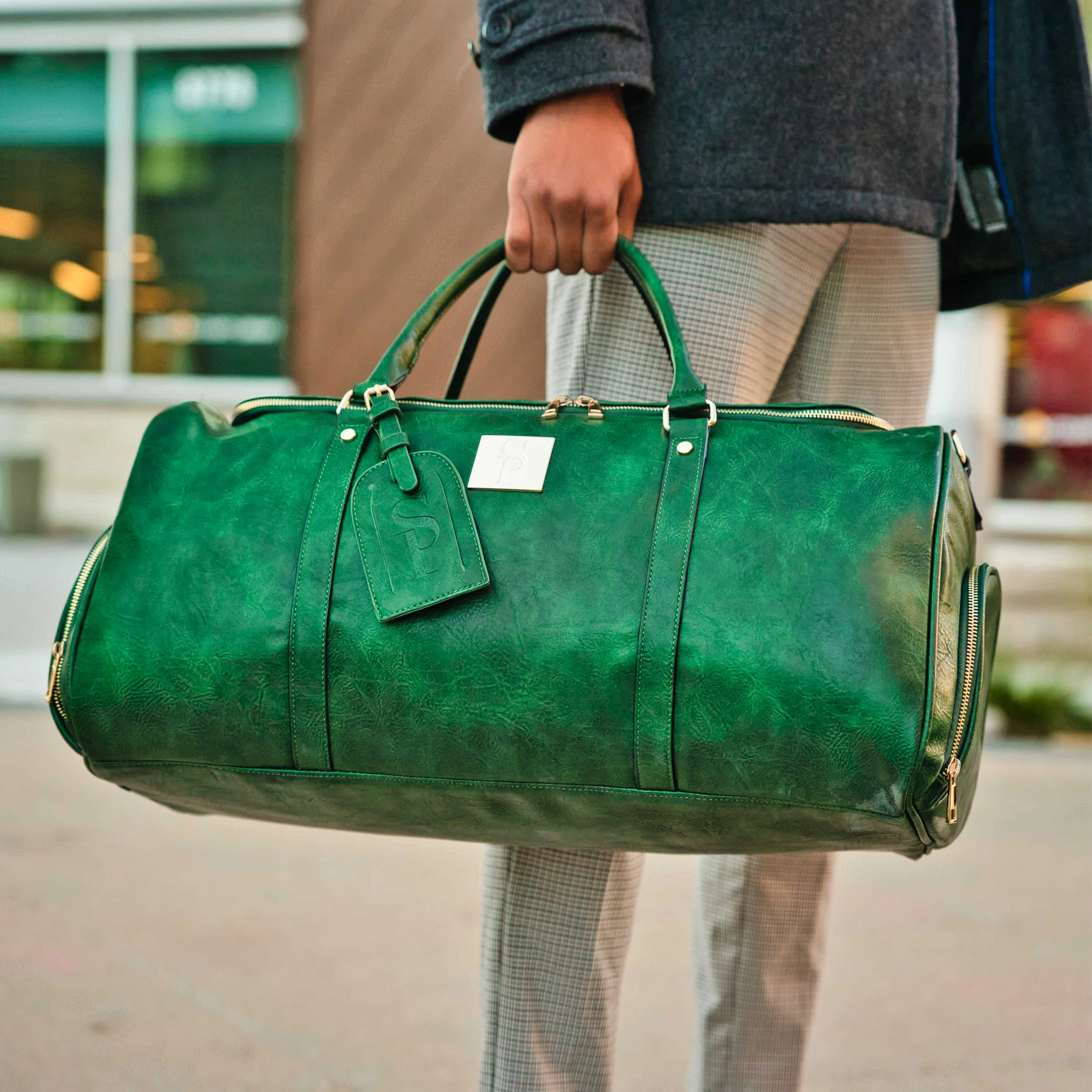 Emerald Green Tumbled Leather 2 Bag Set (Commuter Backpack and Duffle) - Image 3