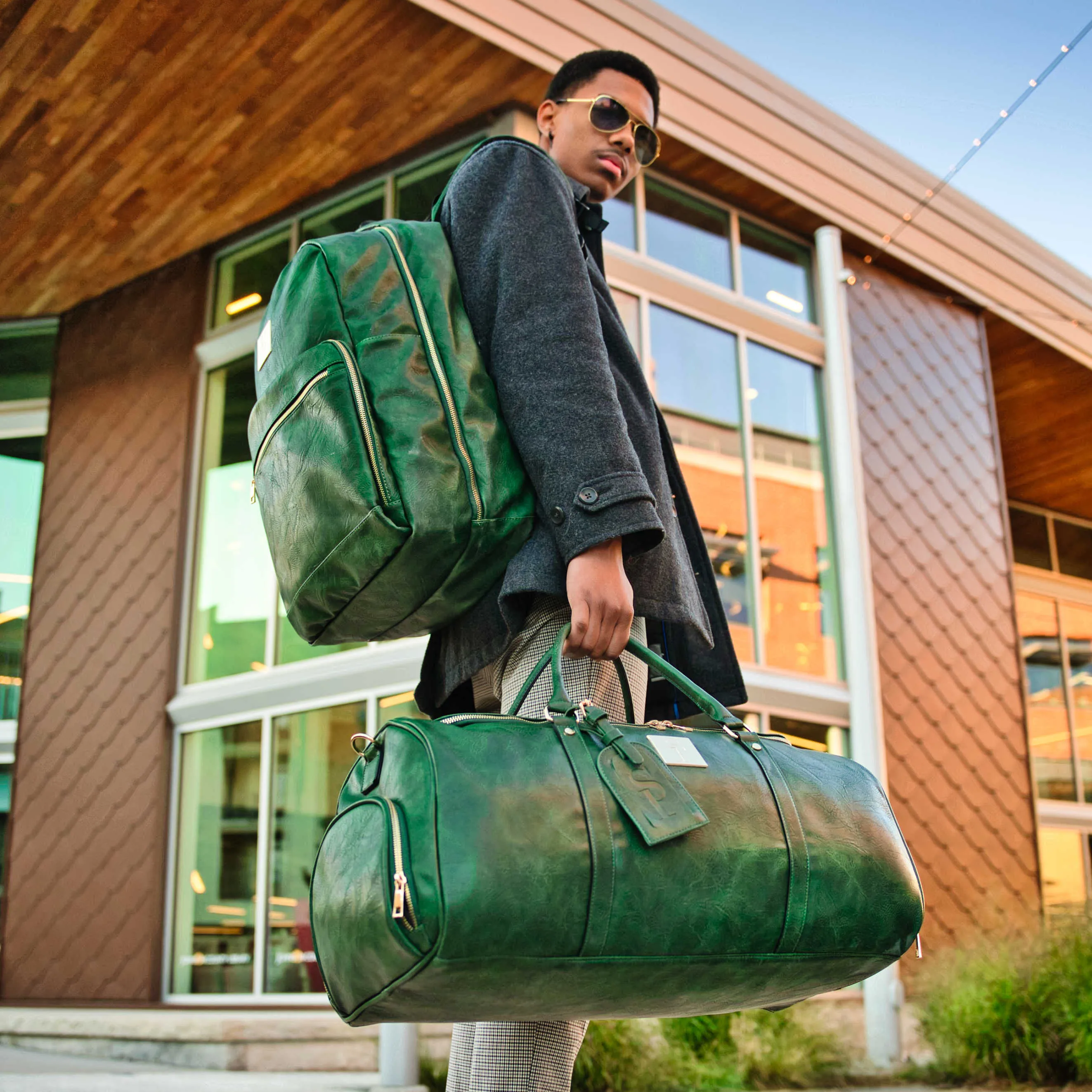 Emerald Green Tumbled Leather 2 Bag Set (Commuter Backpack and Duffle) - Image 4
