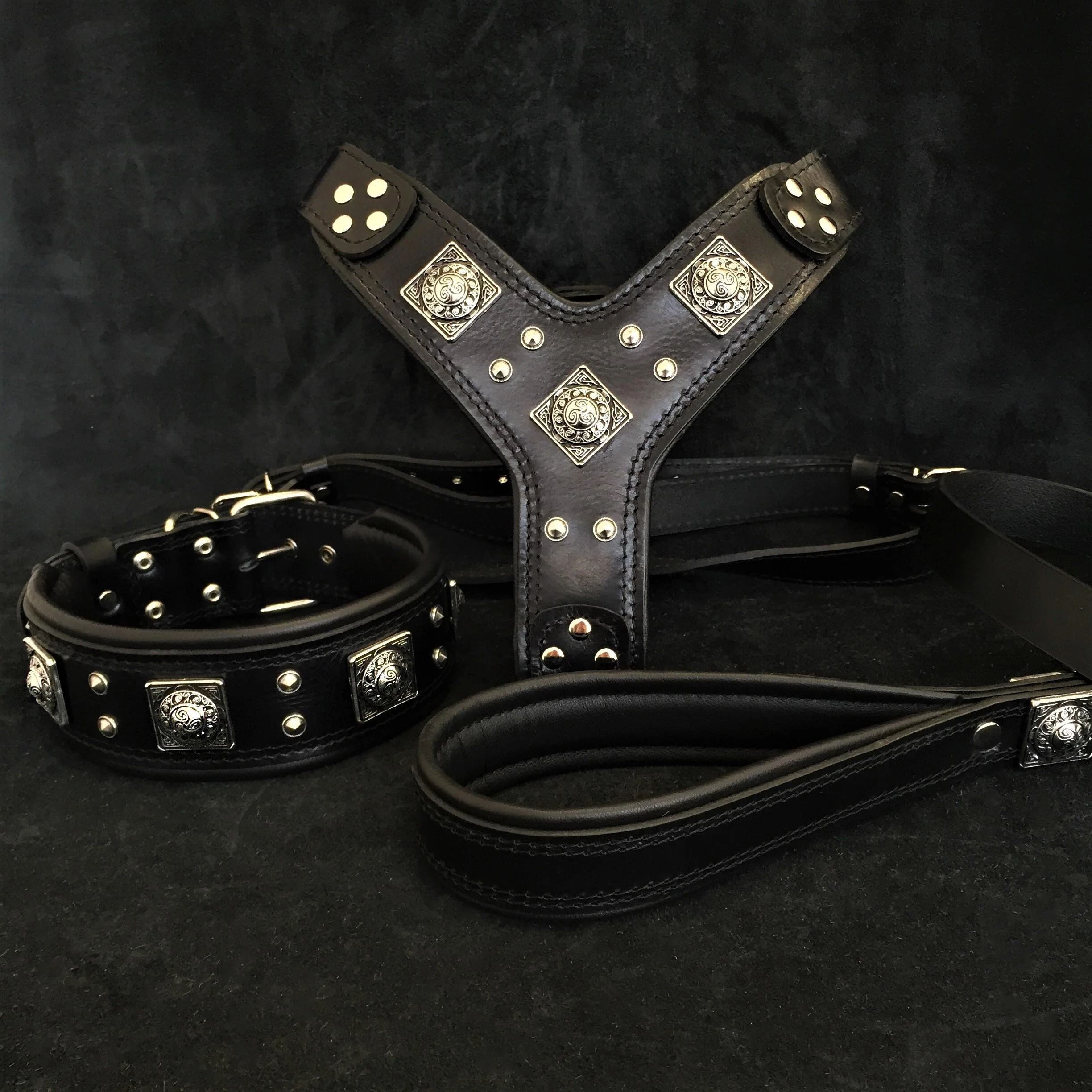 "Eros" Big Dog SET- Harness - Collar - Lead. All Black
