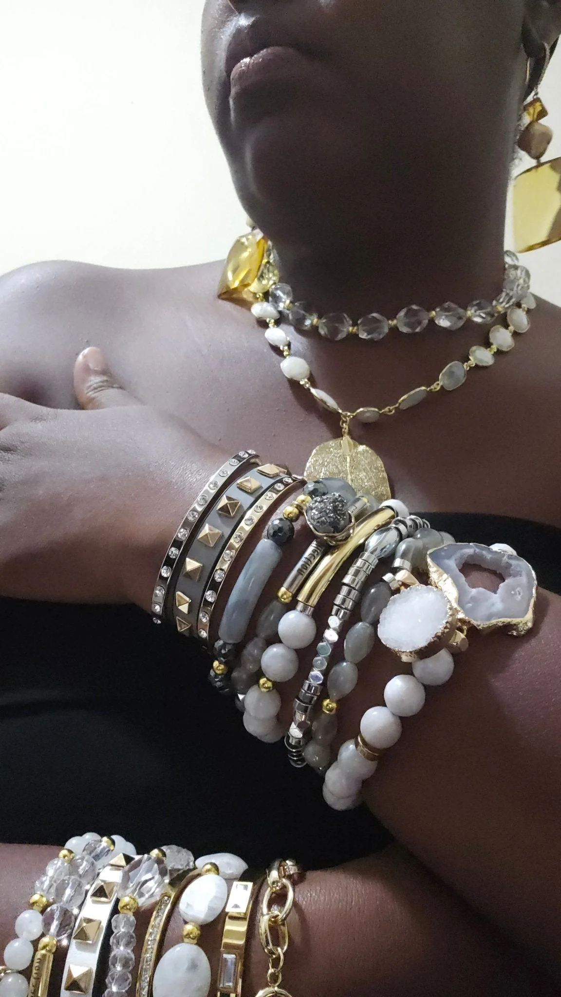Gray Moonstone and Stripe  Agate Stacked Bracelet Set - Image 2