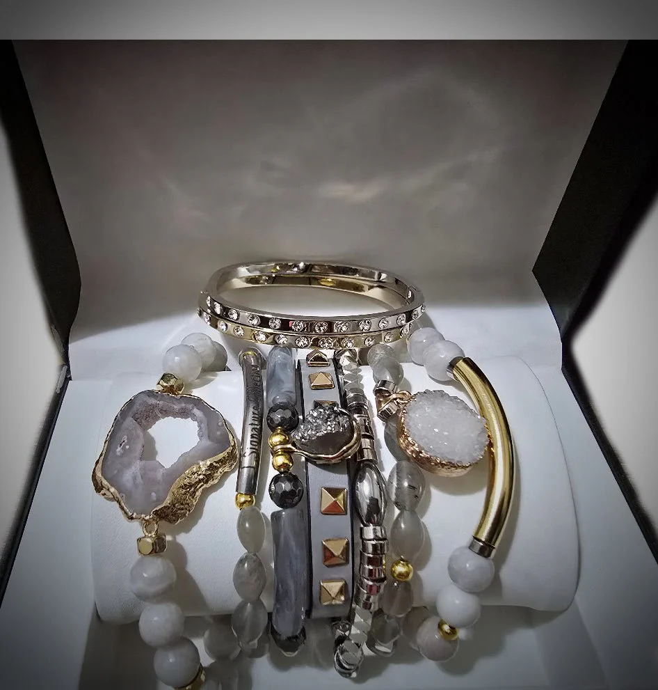 Gray Moonstone and Stripe  Agate Stacked Bracelet Set - Image 3