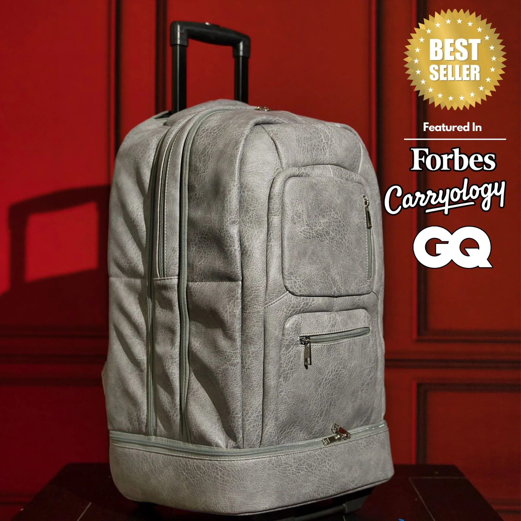 Grey Leather Carry-On Patented Roller Bag - Image 2
