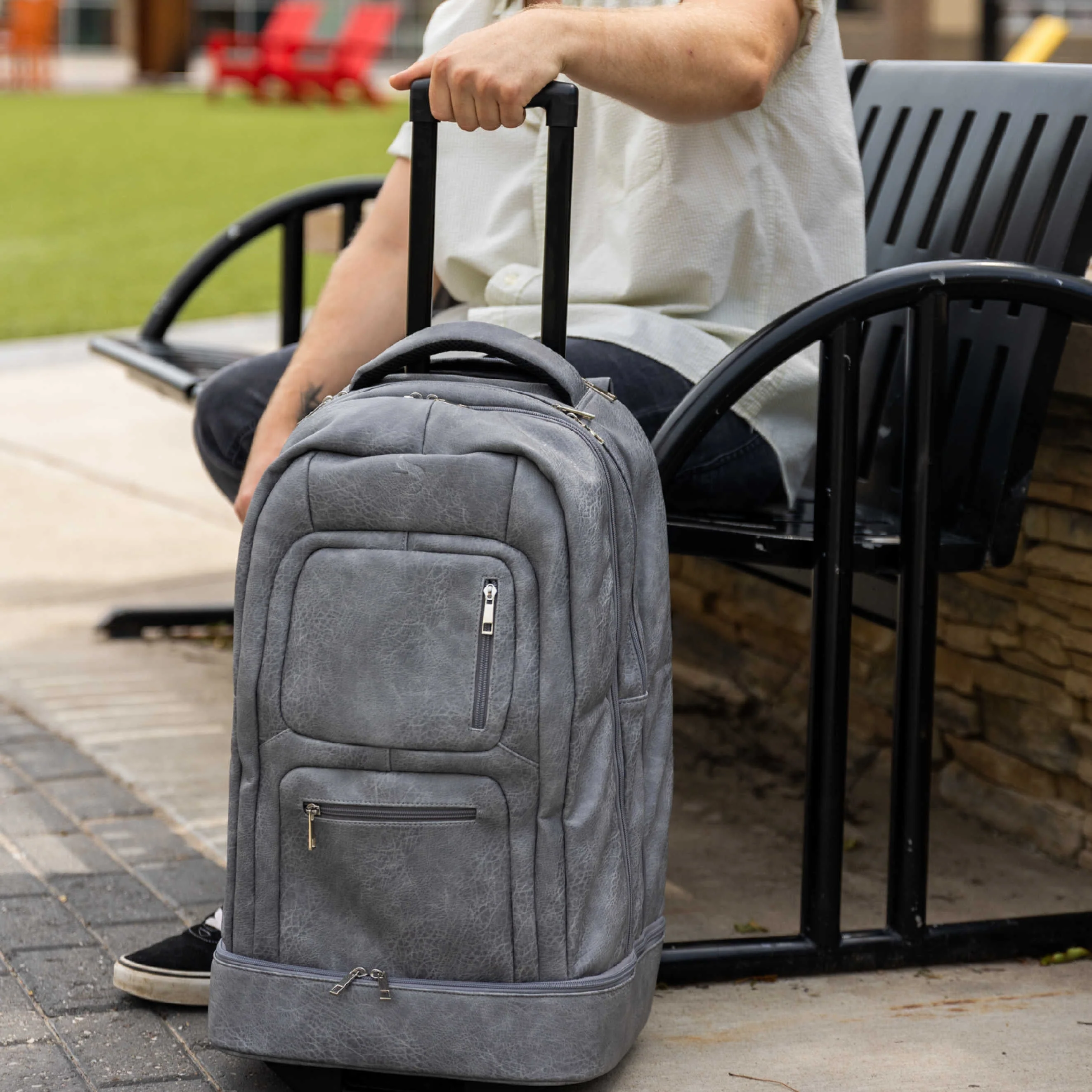 Grey Leather Carry-On Patented Roller Bag - Image 3
