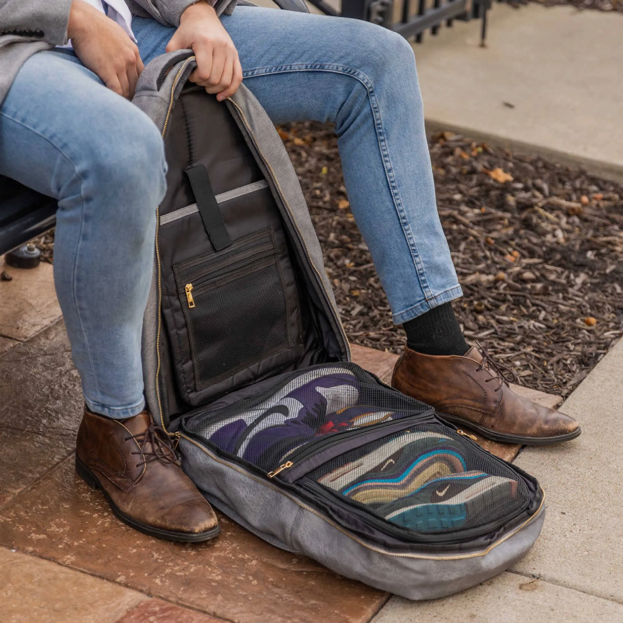 Grey Tumbled Leather Commuter Bag - Image 3