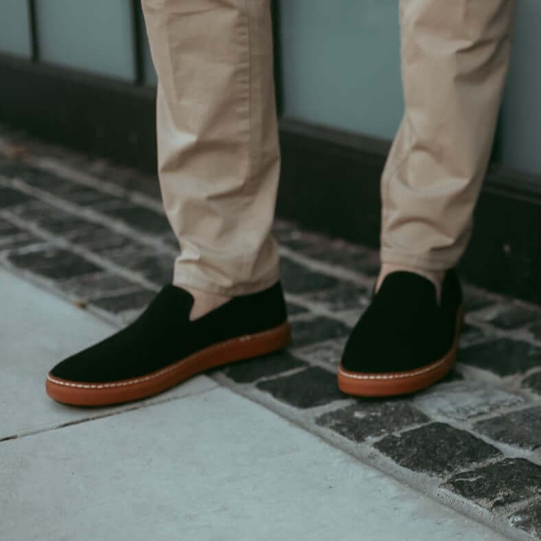 Grounding Slip-On Shoes • Black & Cognac Bamboo Knit - Image 2