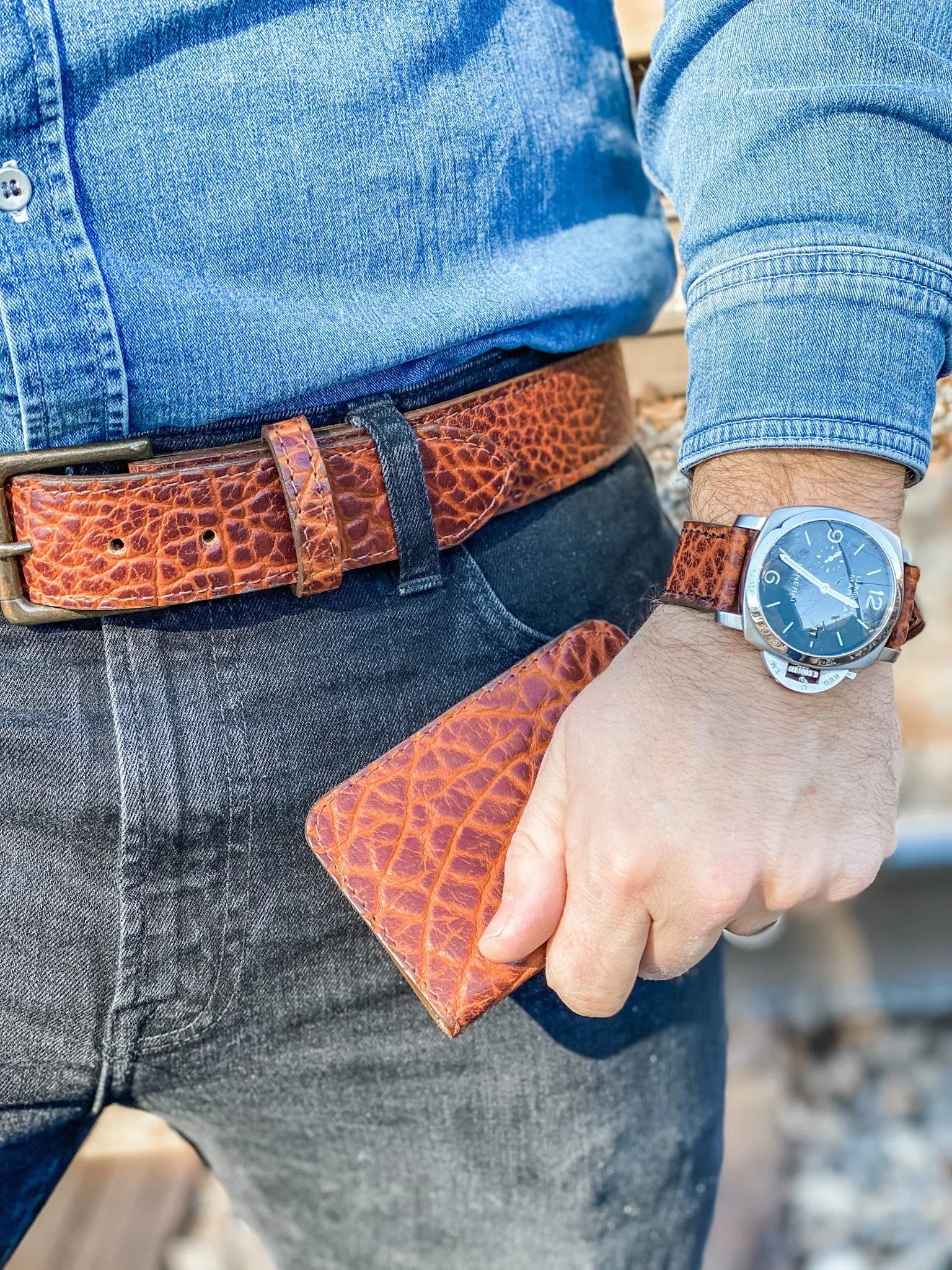 Handmade Leather Belt | American Shrunken Bison | Cognac - Image 7