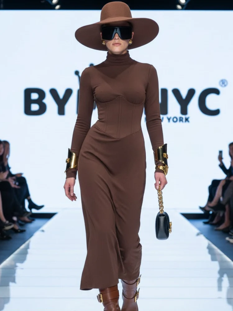 High Neck Waist-Cinched Slit Dress For Women, Elegant, Fifth Avenue, BYMANYC New York.