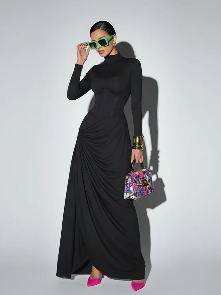 High Neck Waist-Cinched Slit Dress For Women, Elegant, Fifth Avenue, BYMANYC New York. - Image 2