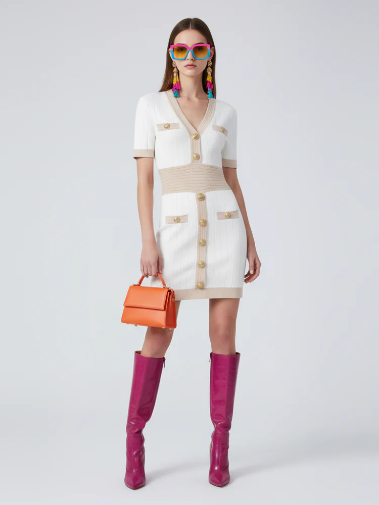 Ice Silk Knit Dress with Gold Buckle For Women, V-Neck, Upper East Side, BYMANYC New York.