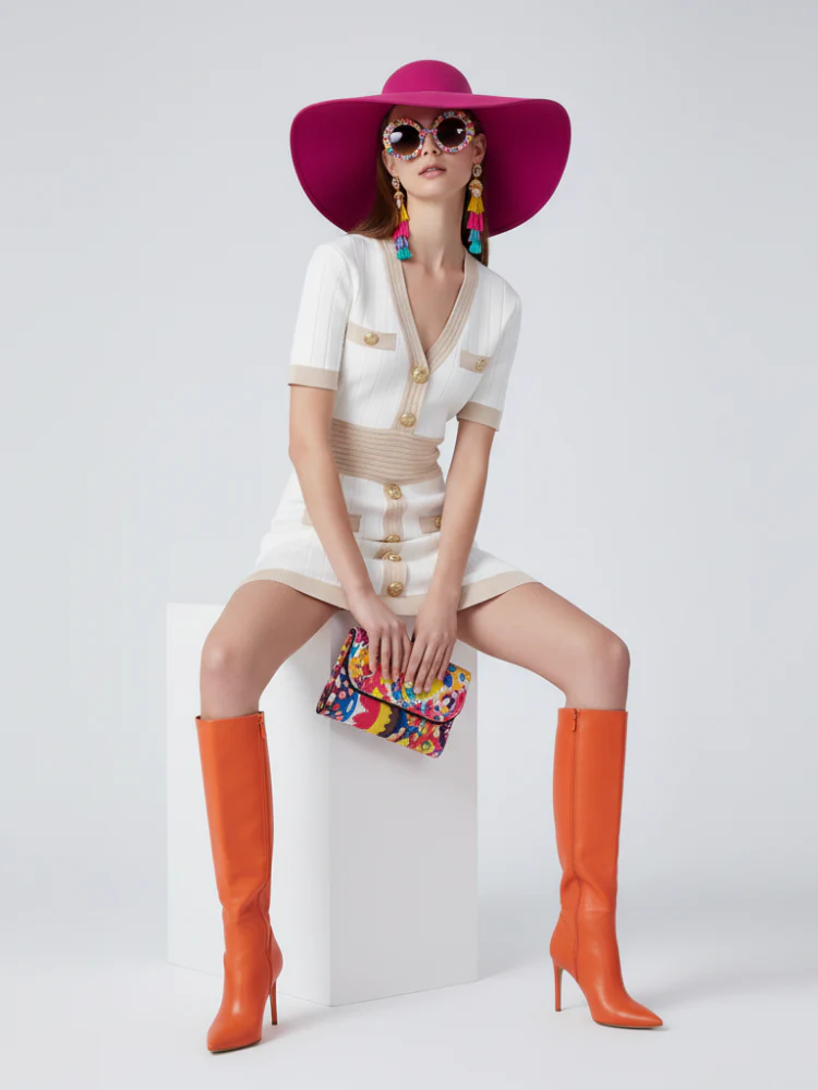 Ice Silk Knit Dress with Gold Buckle For Women, V-Neck, Upper East Side, BYMANYC New York. - Image 2