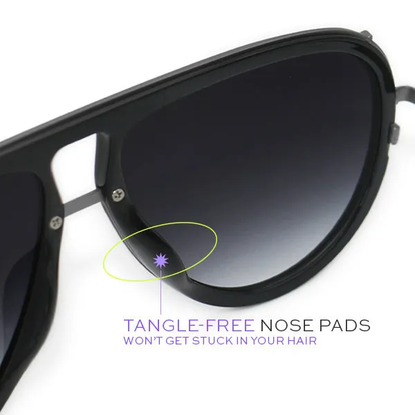 Ivy Luxe - Black Tangle-Free Round Aviator Sunglasses - Image 4