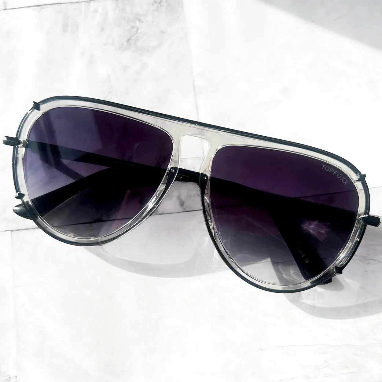 Ivy Luxe - Clear Black Tangle-Free Round Aviator Sunglasses - Image 6