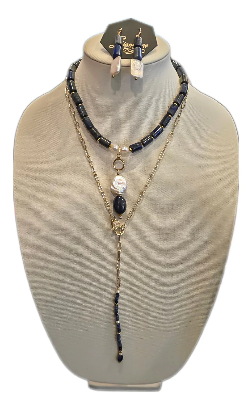 Lapis Lazuli and Freshwater Pearls Necklace Set - Image 3
