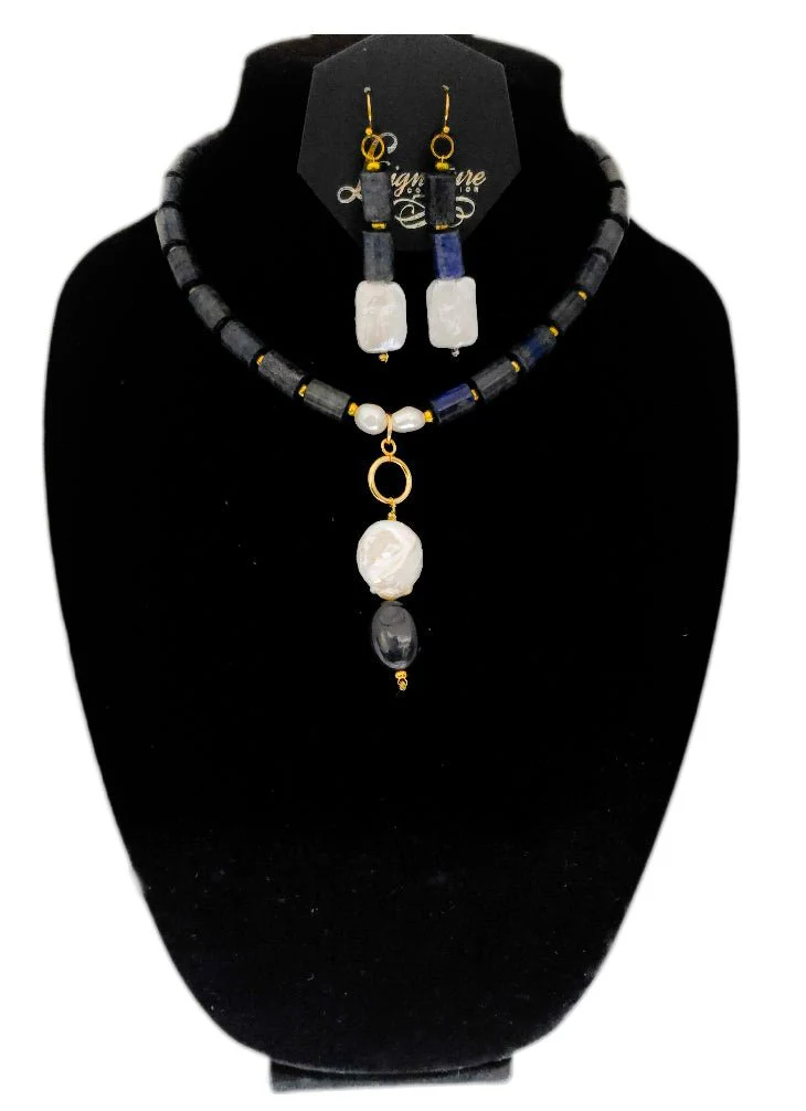Lapis Lazuli and Freshwater Pearls Necklace Set - Image 5