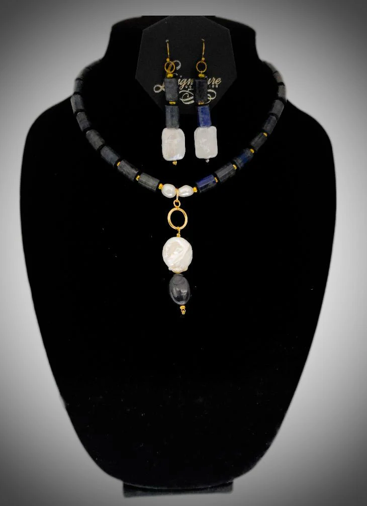 Lapis Lazuli and Freshwater Pearls Necklace Set - Image 6