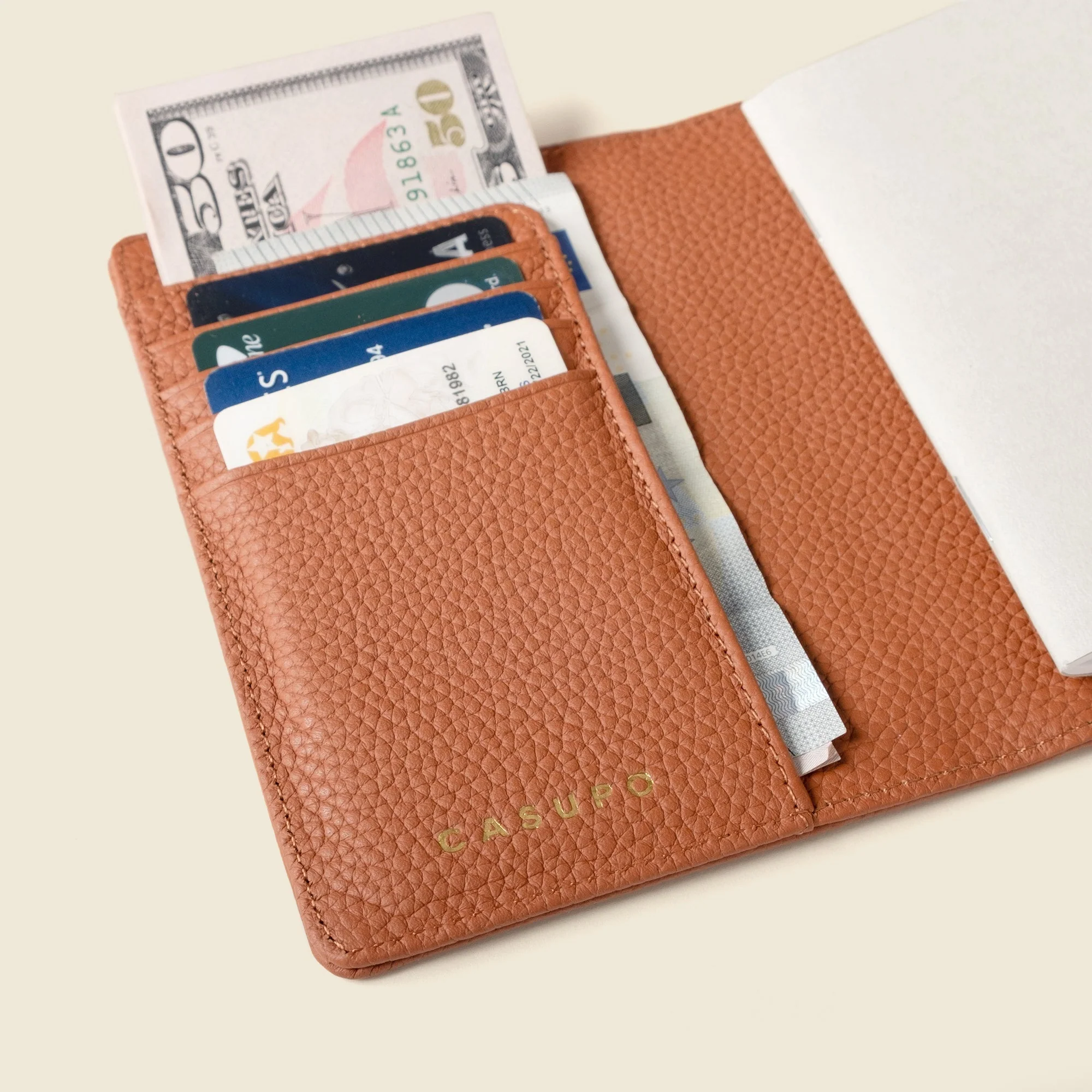 Leather Passport Wallet with RFID - Tan - Image 2