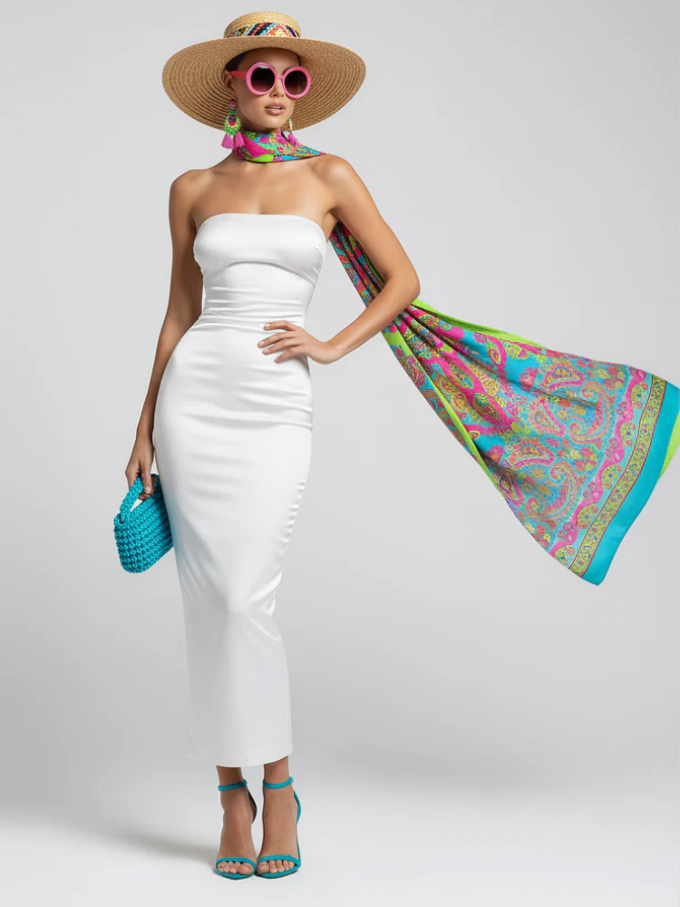 Long Skirt Dress With Asymmetric Style And Slim Fit Design For Women, White, Tribeca, BYMANYC New York. - Image 2