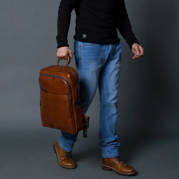 Luxury Italian Leather Backpack, Tan - Image 5