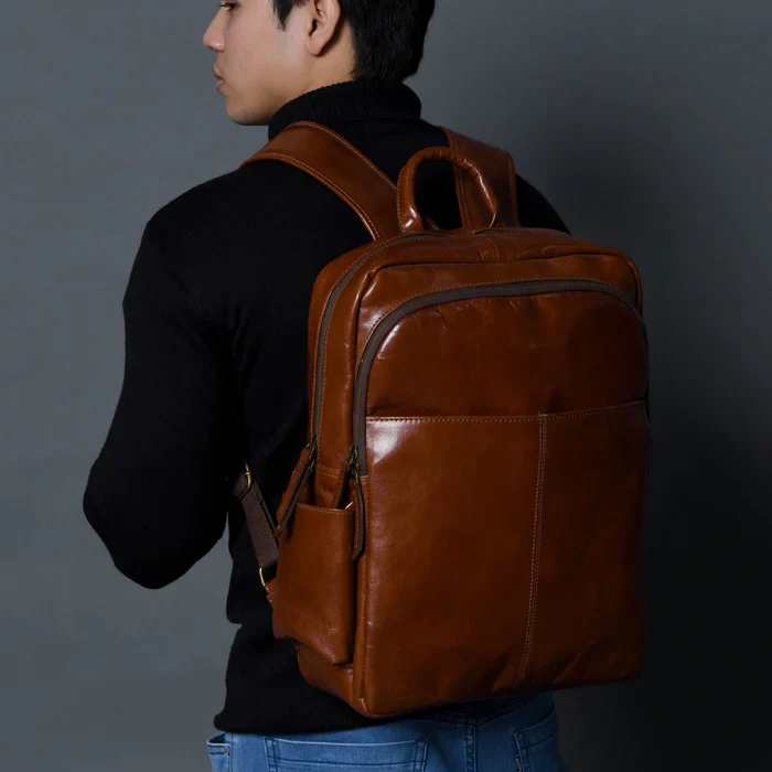 Luxury Italian Leather Backpack, Tan - Image 6