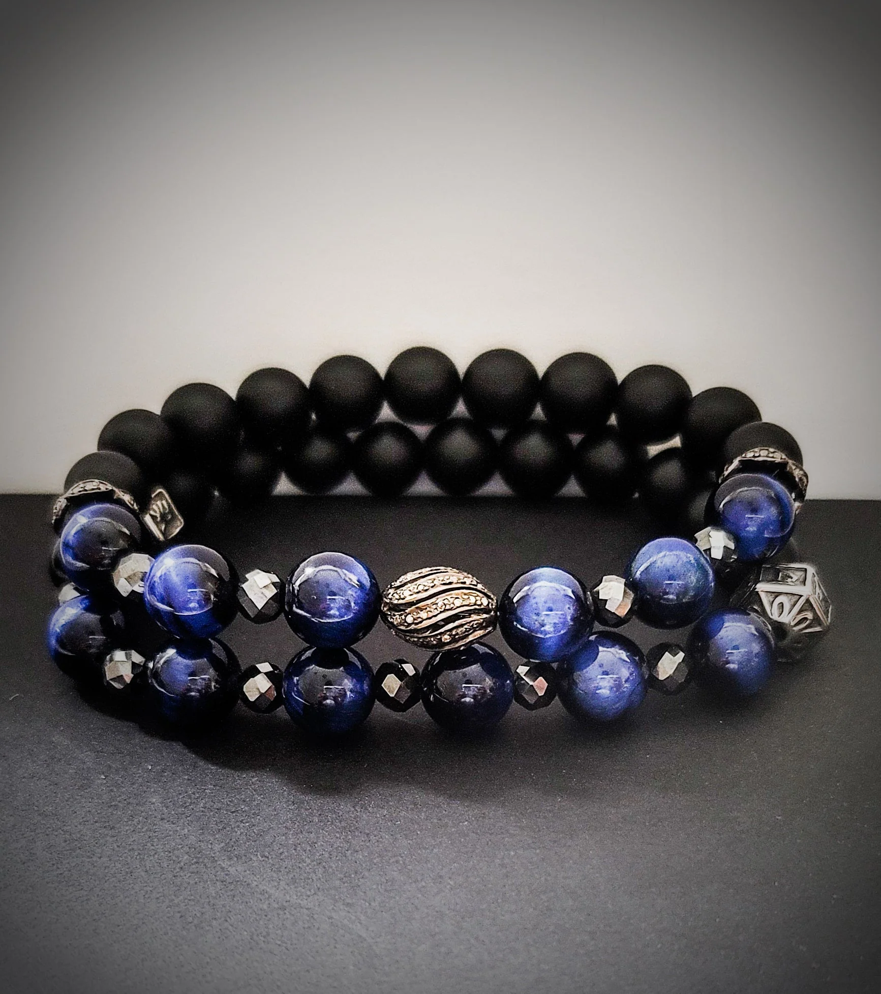 Men's Blue Tiger Eye and Black Diamonds Bracelet Set