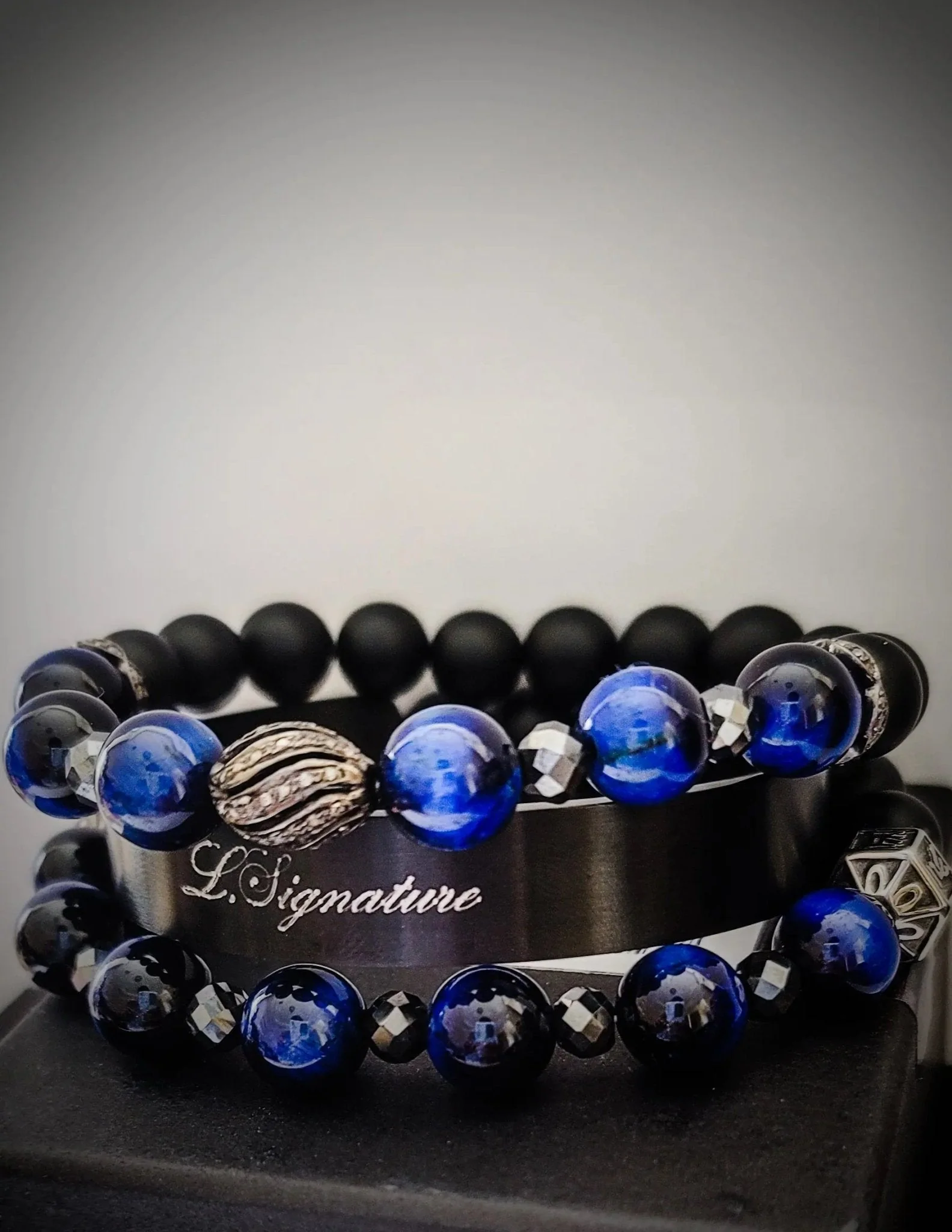 Men's Blue Tiger Eye and Black Diamonds Bracelet Set - Image 2