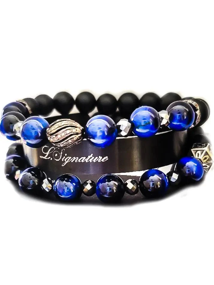 Men's Blue Tiger Eye and Black Diamonds Bracelet Set - Image 3