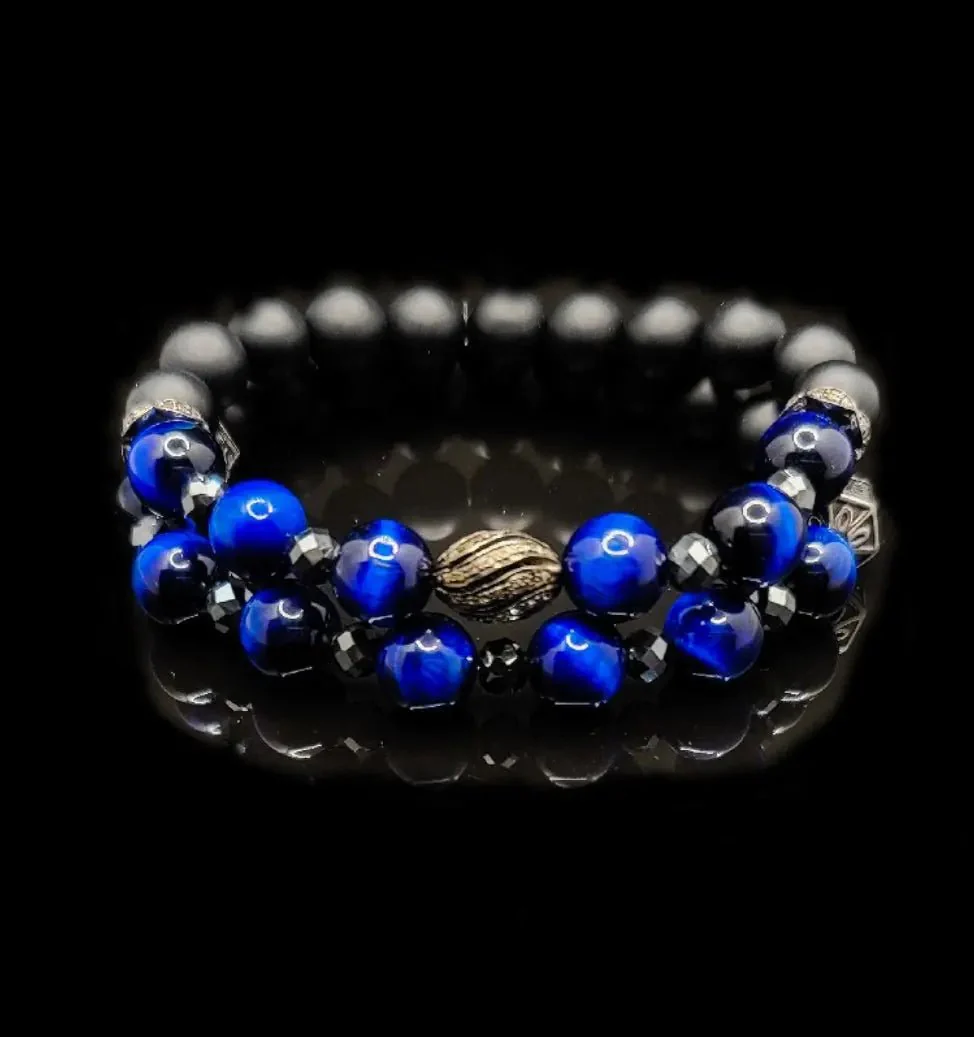 Men's Blue Tiger Eye and Black Diamonds Bracelet Set - Image 4