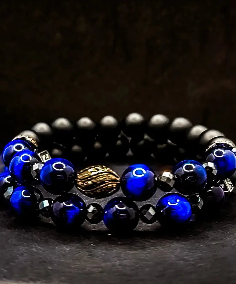 Men's Blue Tiger Eye and Black Diamonds Bracelet Set - Image 5