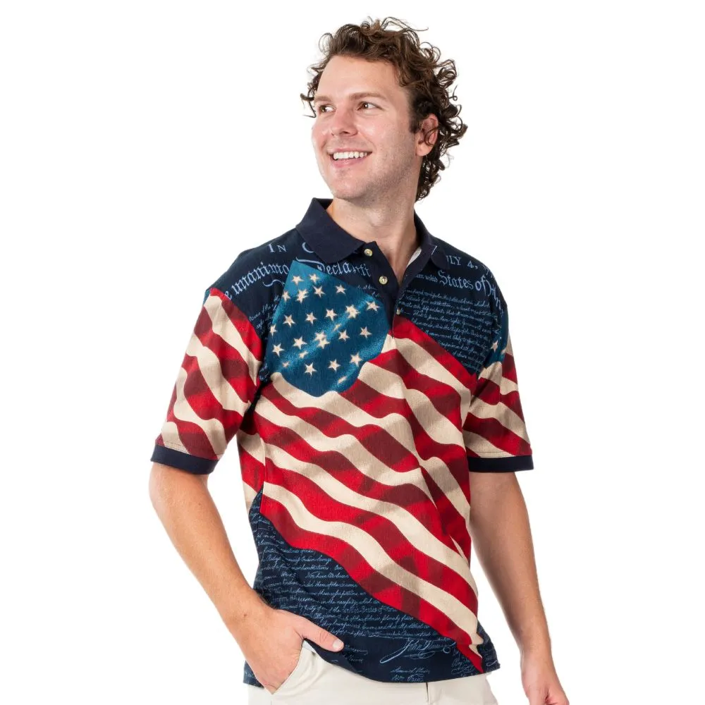 Men's Patriotic Waving American Flag 100% Cotton Polo Shirt - Image 5