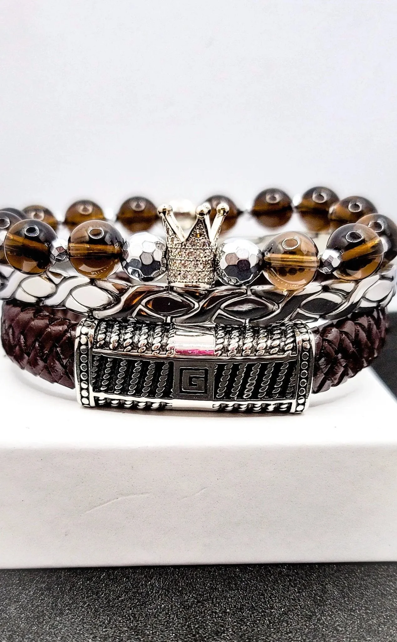 Men's Smoky "Silver" Quartz Bracelet Set