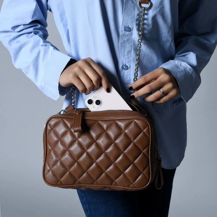 Mini Quilted Crossbody Bag, Rich Brown - Image 4