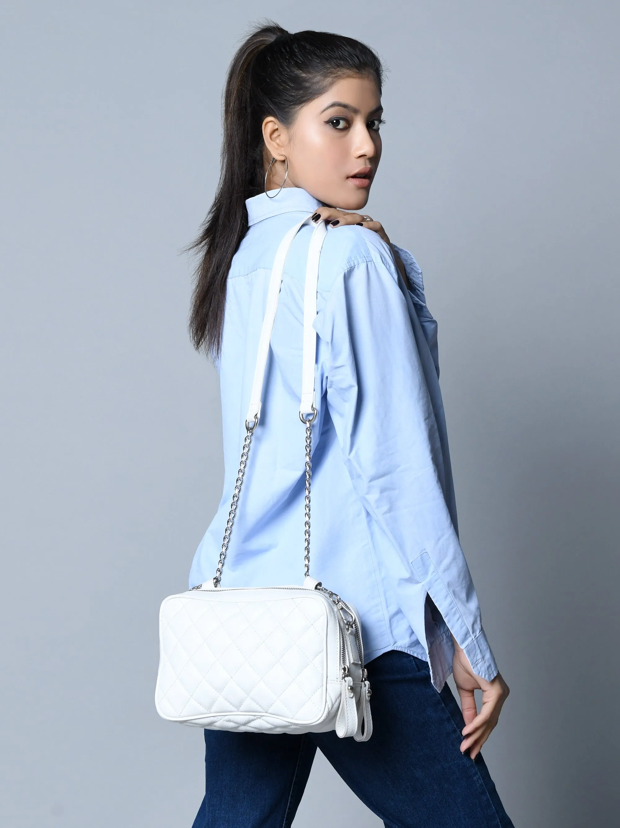 Mini Quilted Crossbody Bag, White - Image 10
