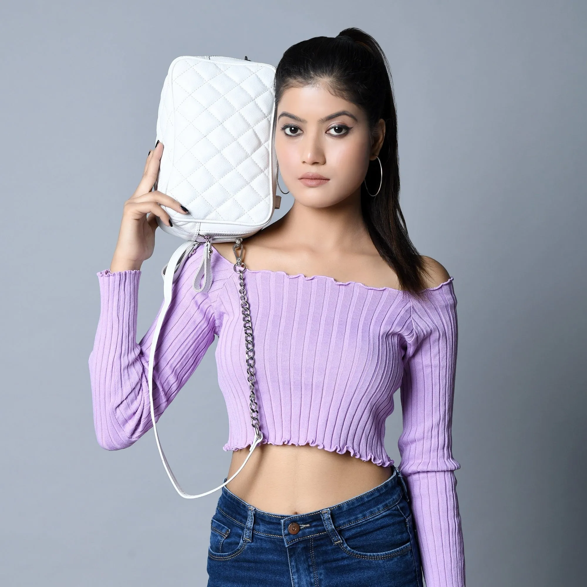 Mini Quilted Crossbody Bag, White - Image 3
