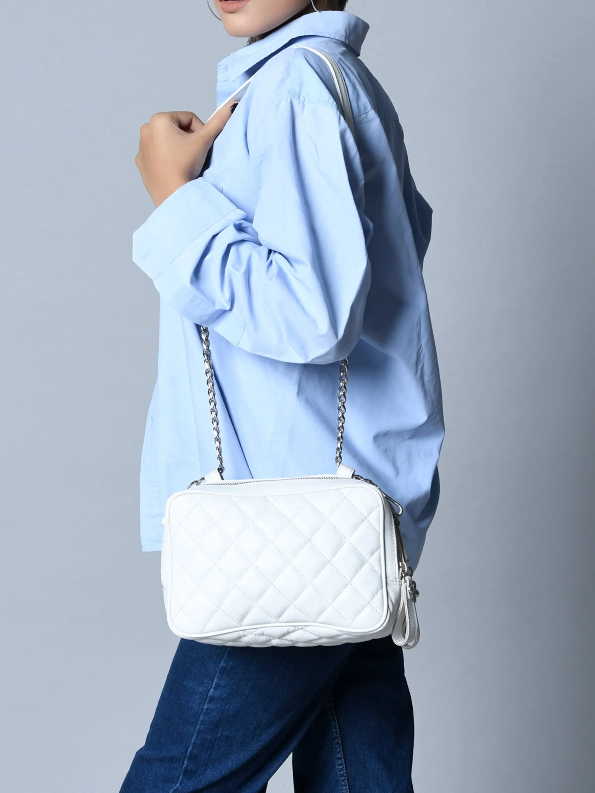 Mini Quilted Crossbody Bag, White - Image 9