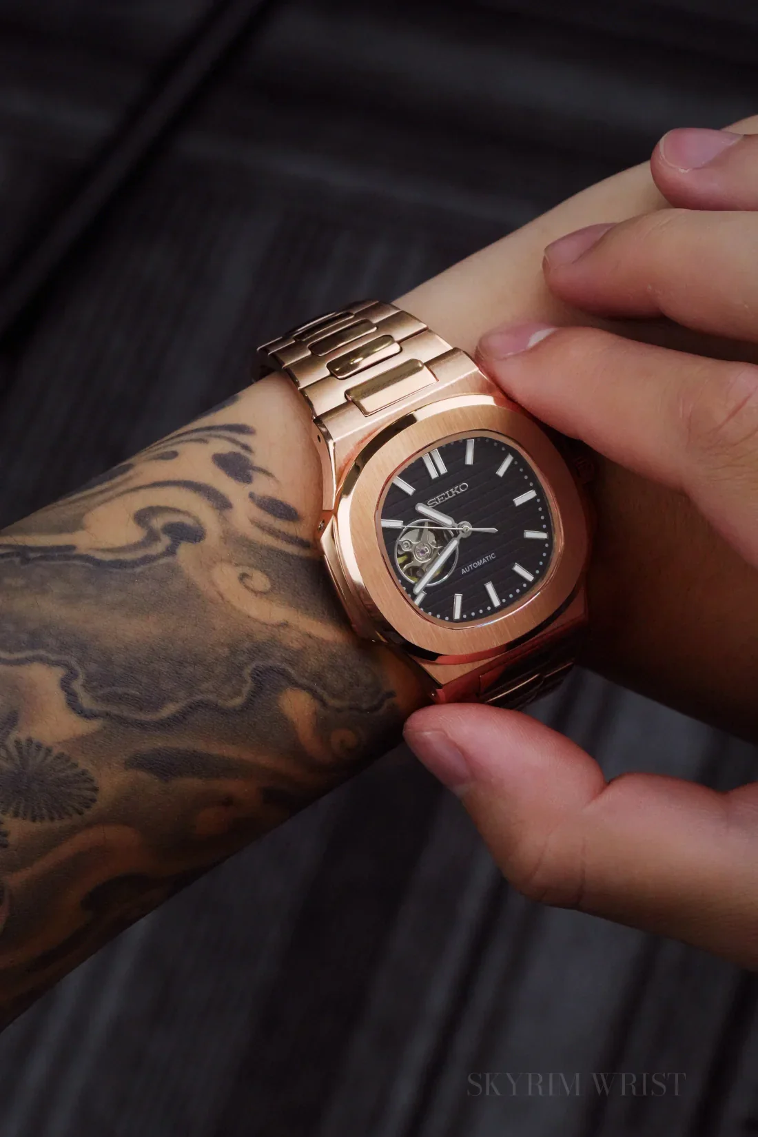 Mod Nautilus Rose Gold Skeleton Black Watch - Image 2