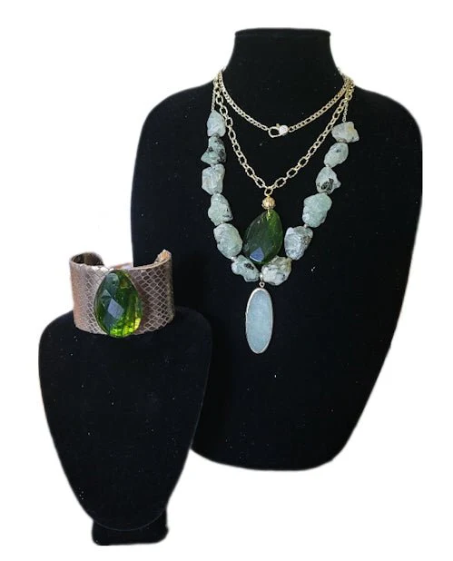 Natural Prehnite and Green Amber Layer Necklace Set - Image 2